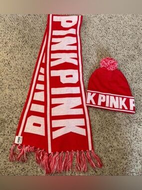 PINK Victoria's Secret✨🩷⭐️ Red & White Knit Scarf and Pom Beanie Set